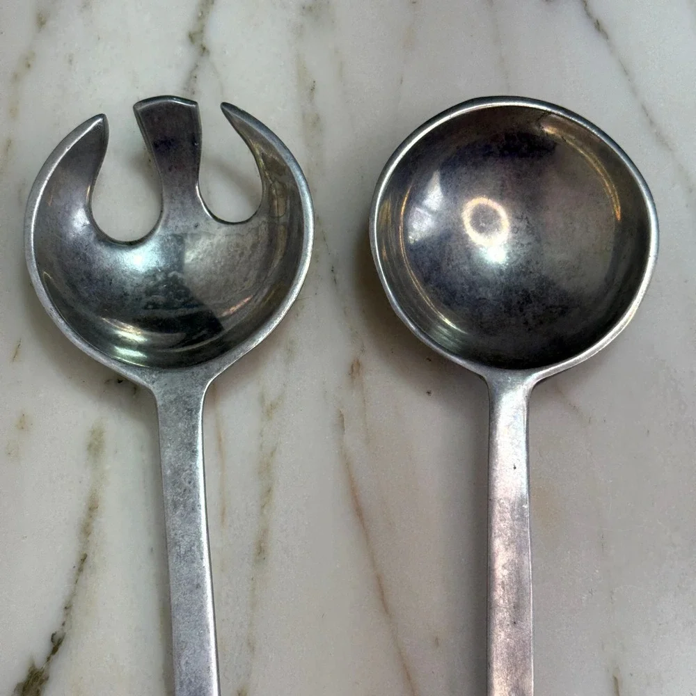 Vintage Indian Pewter Floral Salad Serving Spoon & Fork Set, Made in India